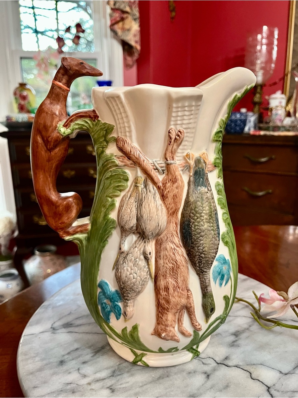 VTG Majolica Game Pitcher Hound Handle After The Hunt Ceramic Hunting Jug 10”